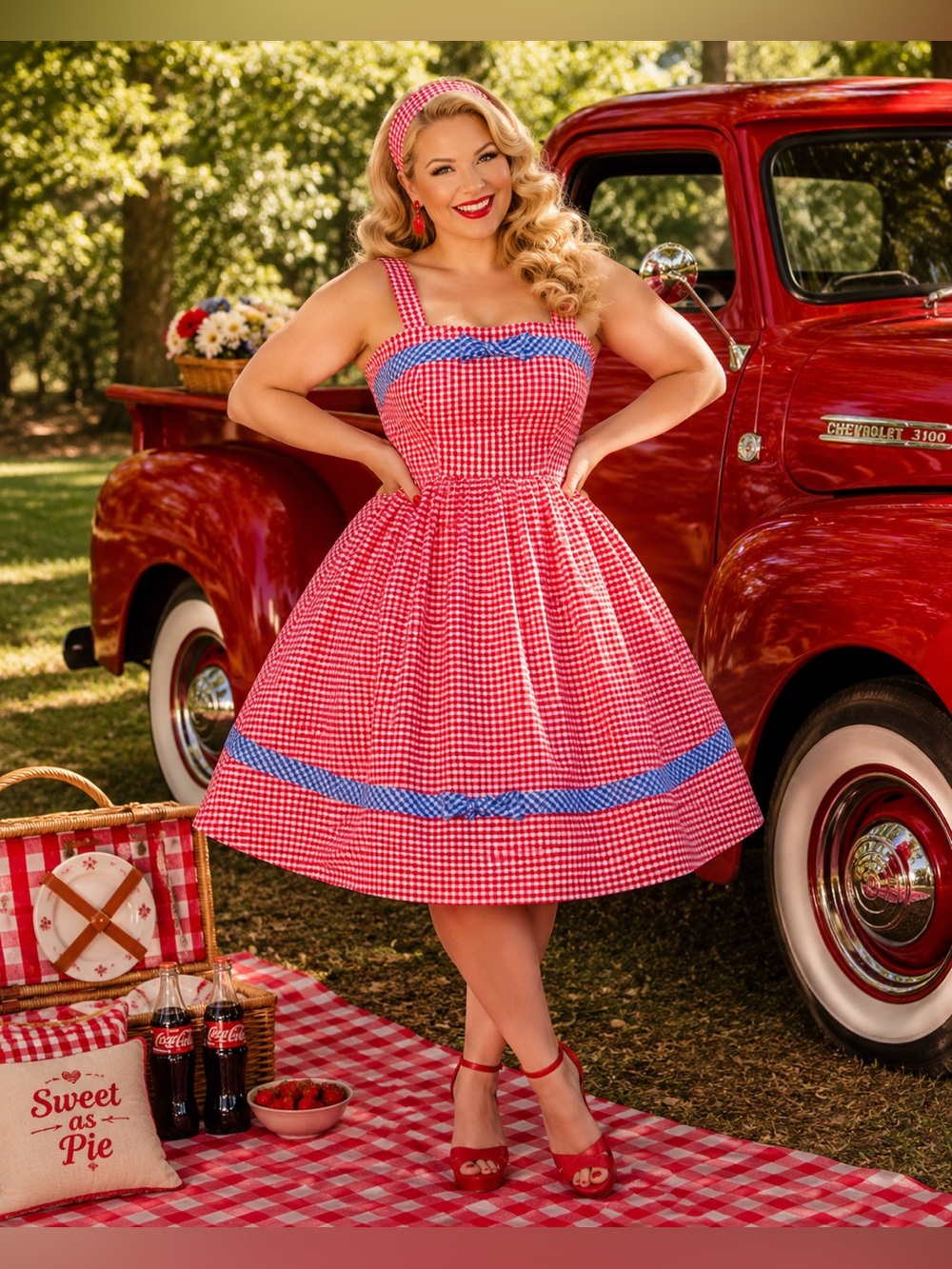 Unique Vintage 1960s Movie Date Red & Blue Gingham Swing Dress, XL, NWT! - Picture 3 of 16